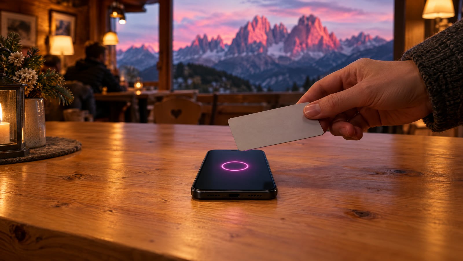Uno smartphone sul bancone di una baita accetta il pagamento con una carta